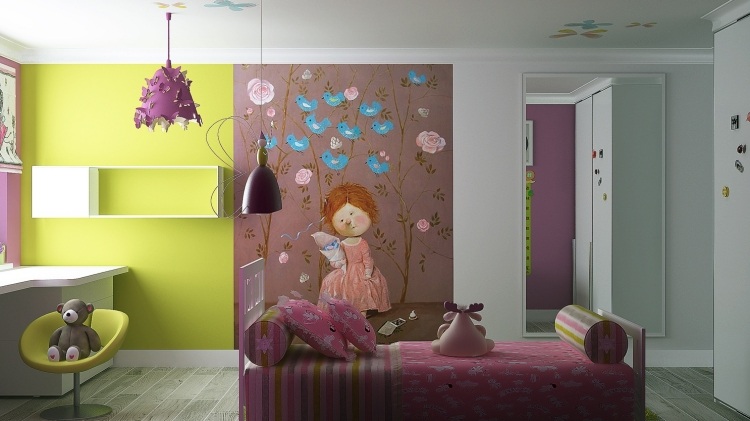 flickrum-möbler-barnrum-uppsättningar-gul-tapeter-sagosäng-placerad i mitten