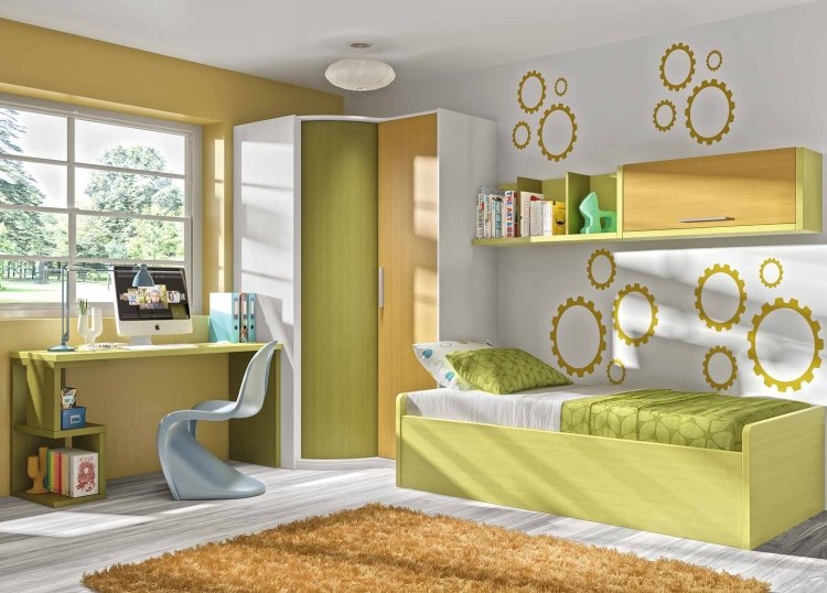 flickrum-möbler-barnrum-set-gul-grön-gul-enkelsäng-funktionell-liten