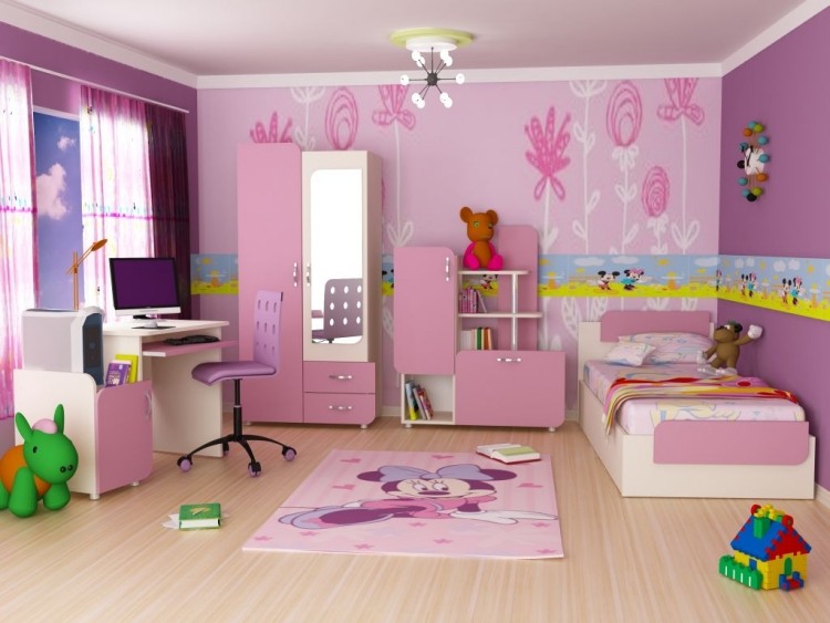 flickrum-möbler-barnrum-uppsättningar-rosa-tapeter-enkelsäng-matta-hyllor