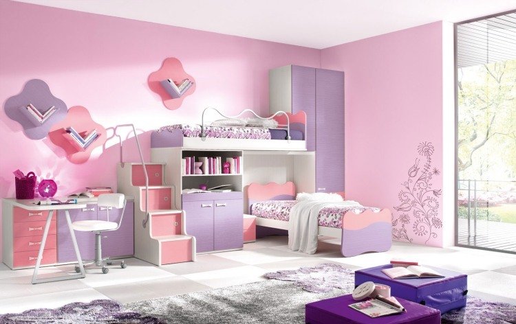 flickrum-möbler-barnrum-set-rosa-rosa-violett-praktisk-loftsäng