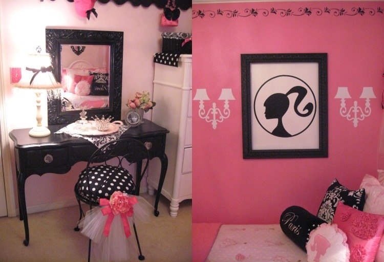 flickrum-möbler-barnrum-set-rosa-svart-vintage-toalettbord-spegel