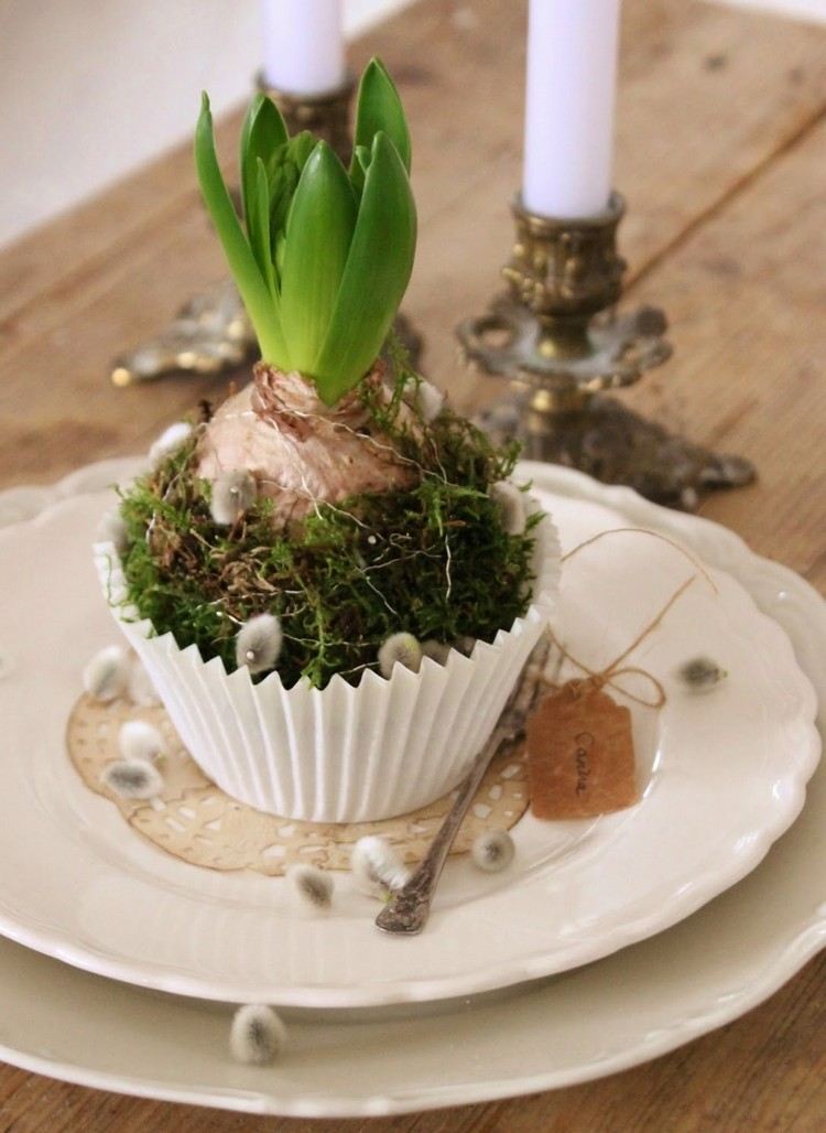 Påskdekoration på bordet -hyacint-muffinform-mossa-pilkatt