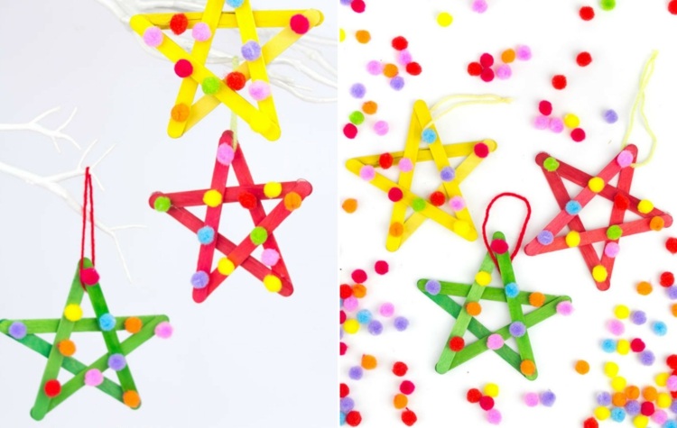 stjärnor pysslar med barnfestmålning färgglada pomponger glasspinnar
