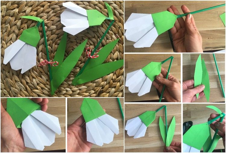 Snödroppar viker origami genom att göra en stam från ett sugrör