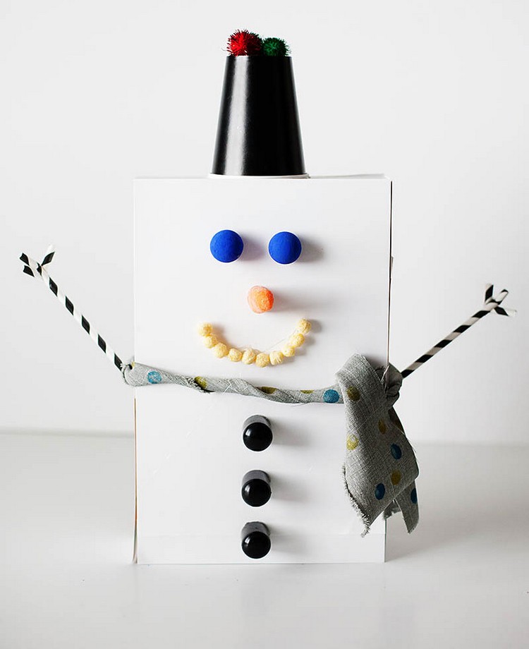 snögubbe spannmålslåda DIY hantverksidé barn vinter