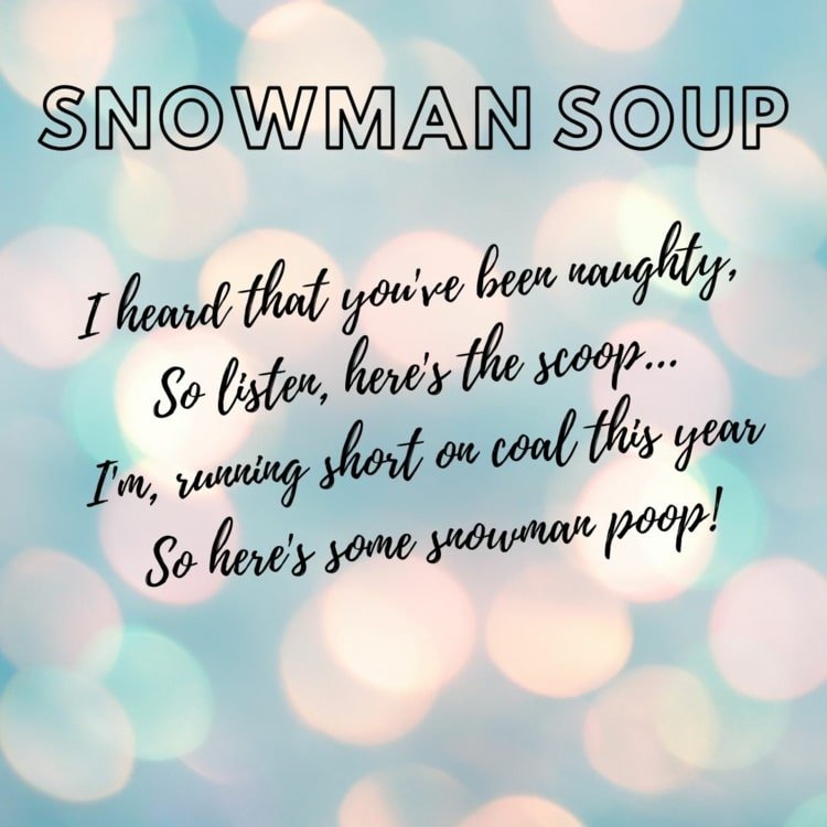 Skriv roliga ord på etiketter och ge bort snögubbe soppa