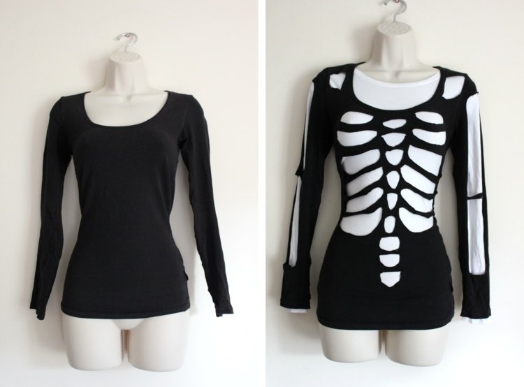 gör halloweenkostymer själv skelett-lätt-diy-skjorta-svart-vit