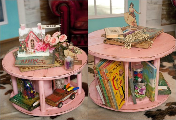 Vackra idéer från loppisfynd-kabel-trumma-sidobord-rosa