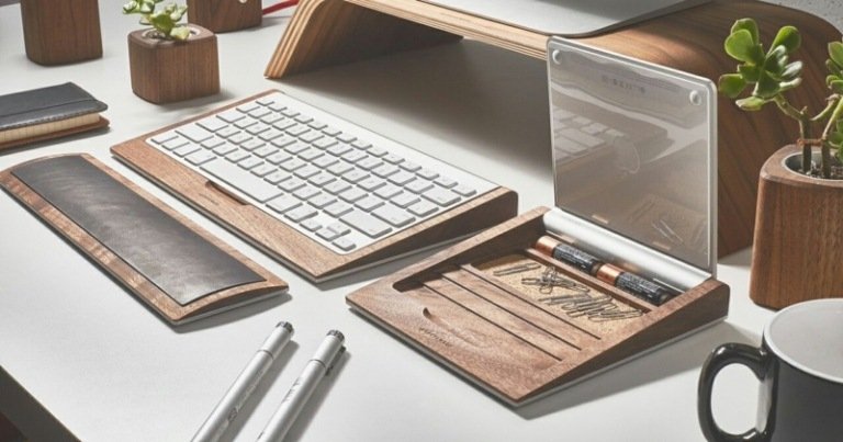 hylla skrivbord trä lönn pekplatta tillbehör tangentbord apple design