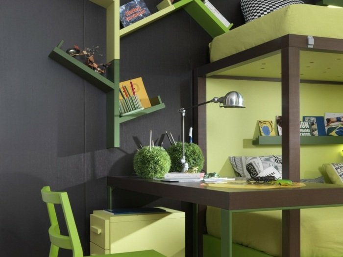 Skrivbord barn grönt loft säng skrivbord integrerad vägghylla