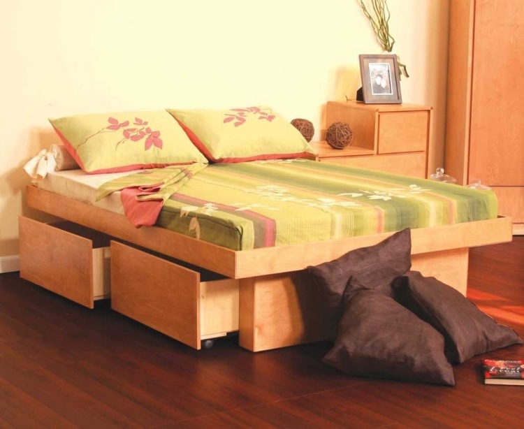 Låda-säng-massivt trä-idéer-sovrum-dubbelsäng-duk-sängbord-enkel-design