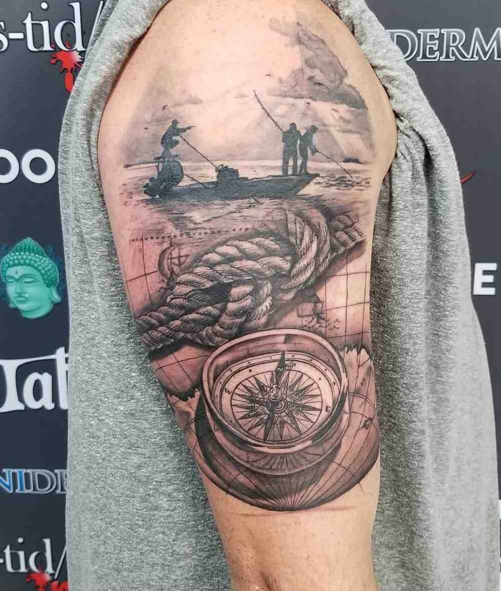 resa tatueringar män med kompass och rep båt seglare
