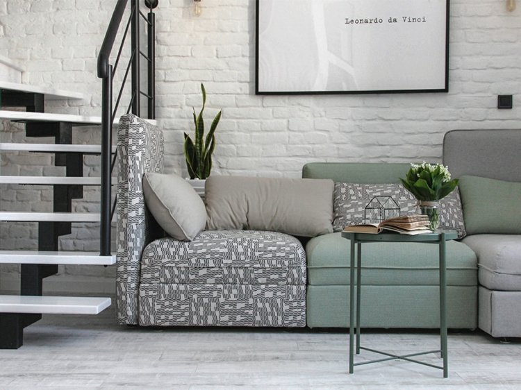 soffa grå mint trappa bild svart och vitt inredning modernt tegel