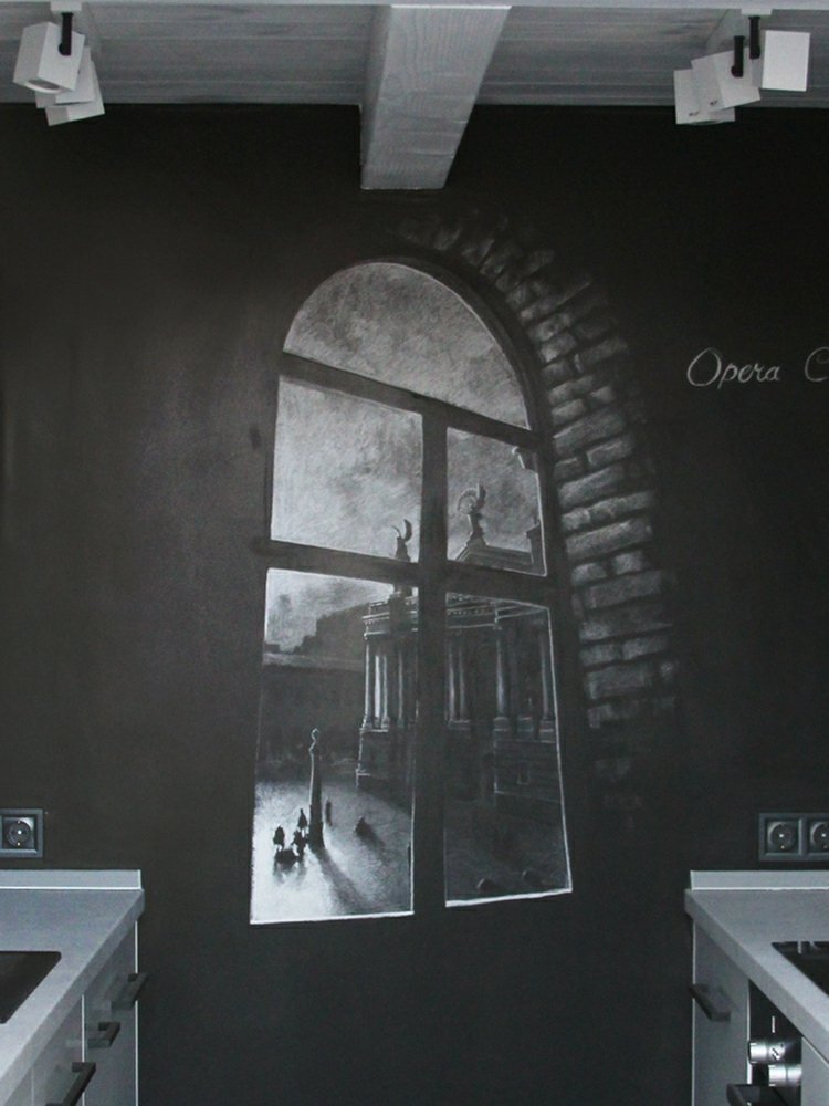 svartvitt inredning omshumelda loft lägenhet kök svart accent väggmålning