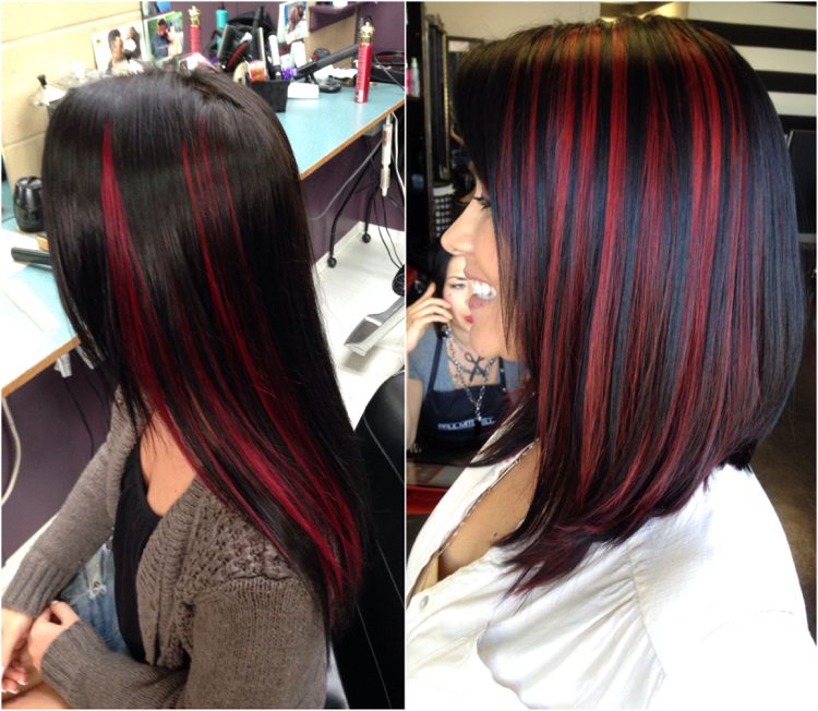Svart hår med intensiva röda höjdpunkter, rubinrött, stark färgkontrast