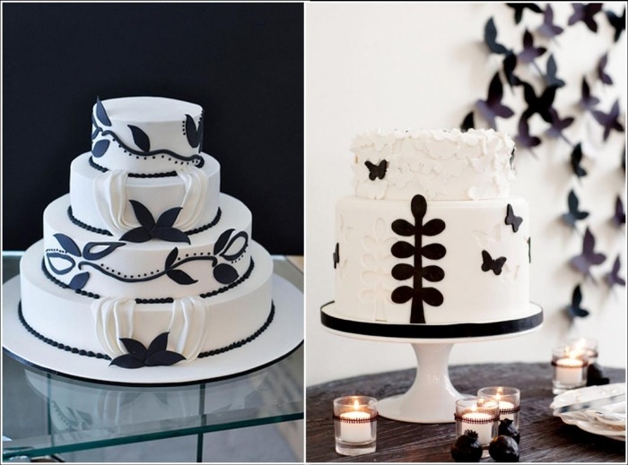 bröllopstårta-svart-vit-blommig-motiv-fjärilar