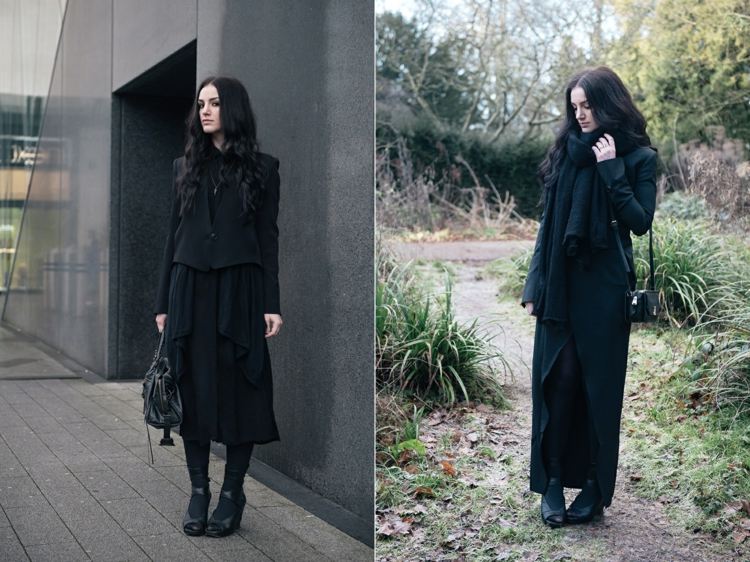 Svart-Outfits-sätta ihop-Short-Coat-Long-kjol