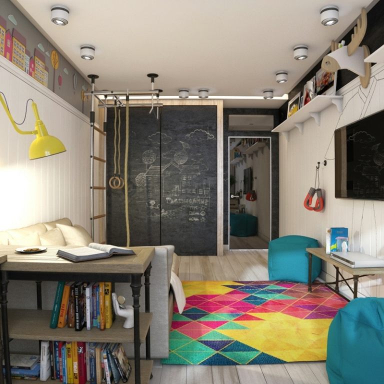 väggfärg svart barnrum modern färgglad matta geometrisk klätterställning