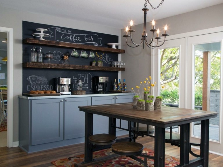 svart vägg färg industriella möbler kök hyllor rustikt matbord