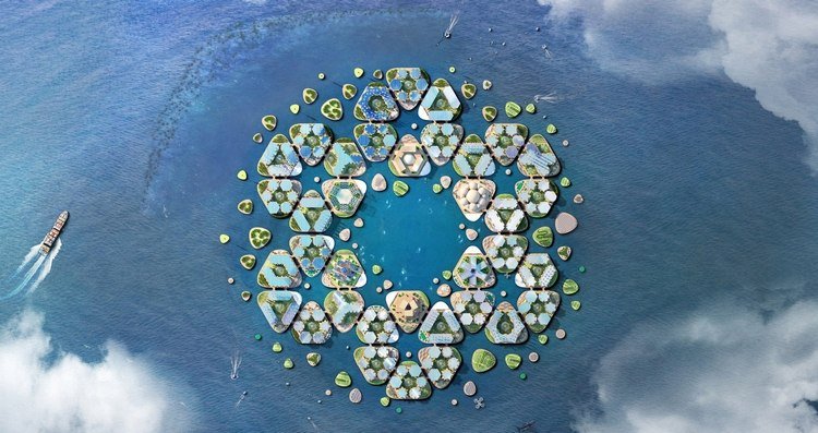 ett fågelperspektiv av den flytande staden oceanix city som ett projekt för att överleva orkaner
