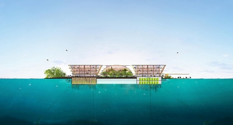 planritning för flytande stad oceanix city stora un-habitat gjord av ögrupper