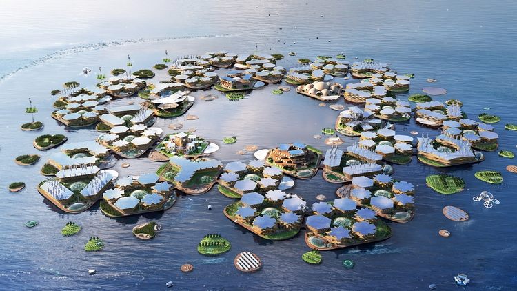 flytande stad oceanix city big un habitat som består av grupper av öar med solpaneler som koncept för extrema väderhändelser