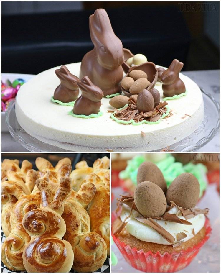 enkel påskmeny med godis bestående av påsktårta påskhare rullar och påskbo cupcakes för en fantastisk påskfestival