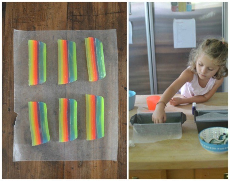 Tvål-gör-det-själv-med-barn-skär-regnbågsfärgade-lager