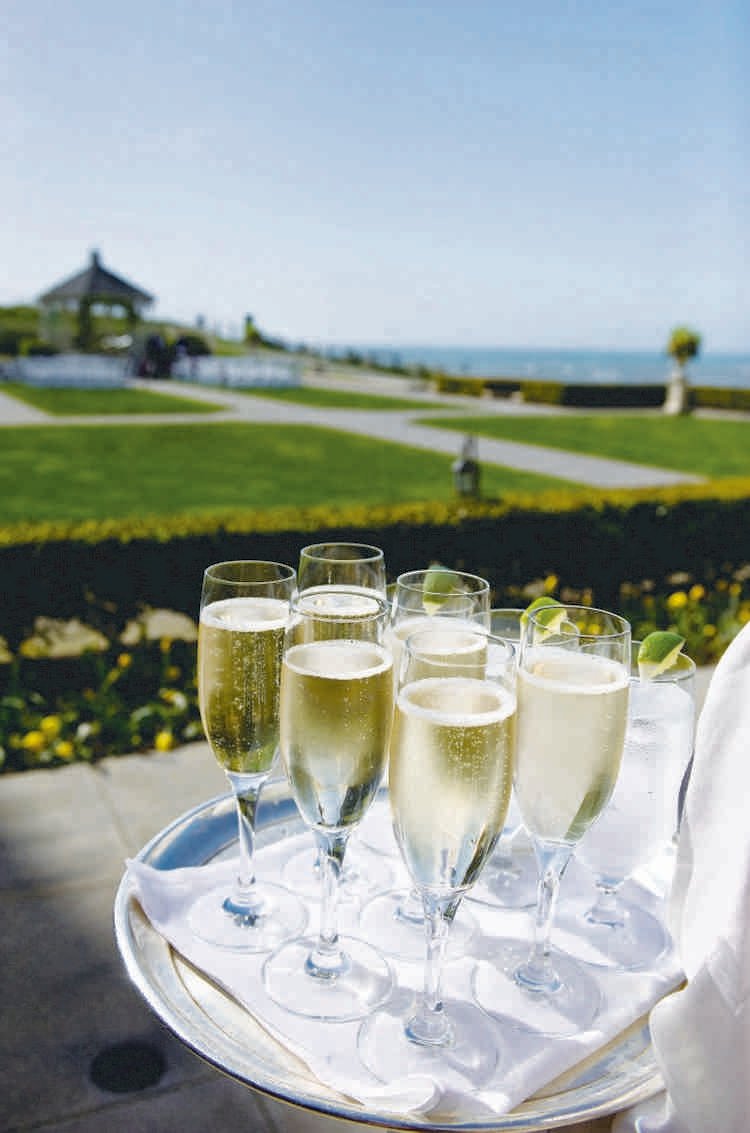 Champagnemottagning för bröllopet utomhus-catering-service-bricka-champagneglas-trädgård