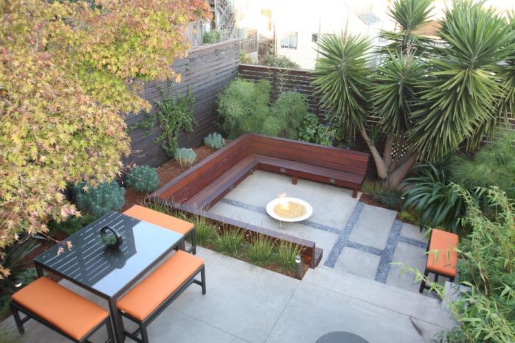 Handfat trädgård-sittplatser-design-modern-integritetsskydd-växtbäddar-bänk-lamellvägg