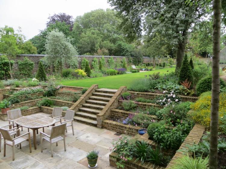 Handfat trädgård-sittplatser-design-modern-terrasserad natursten stenläggnings-växt sängar