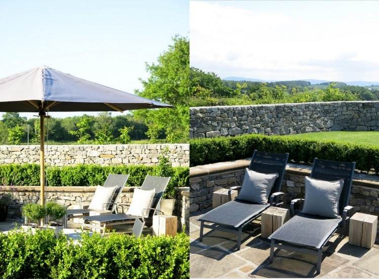 Handfat trädgård-sittplatser-design-moderna-solstolar-häck-gräsmatta-vägg-natursten