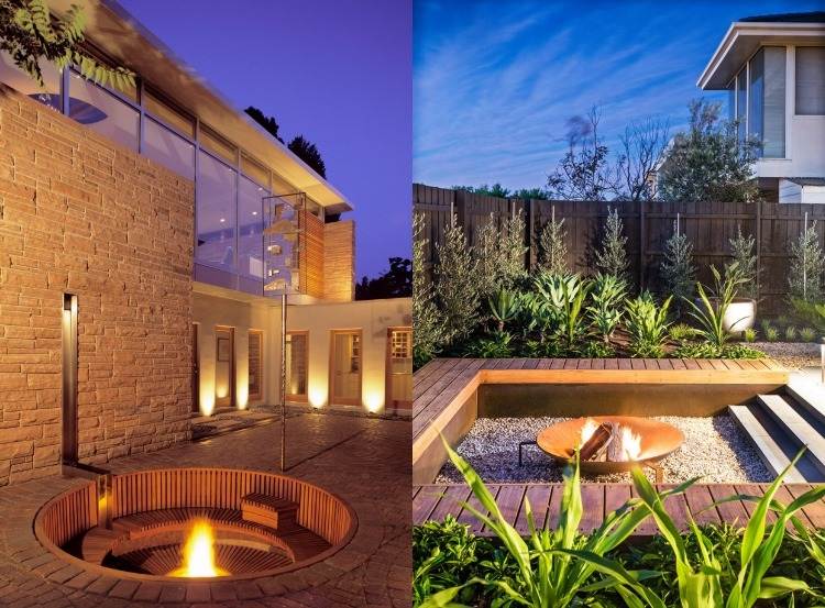 Sänkt trädgård-sittplatser-öppen spis-design-modern-stenläggning-terrass
