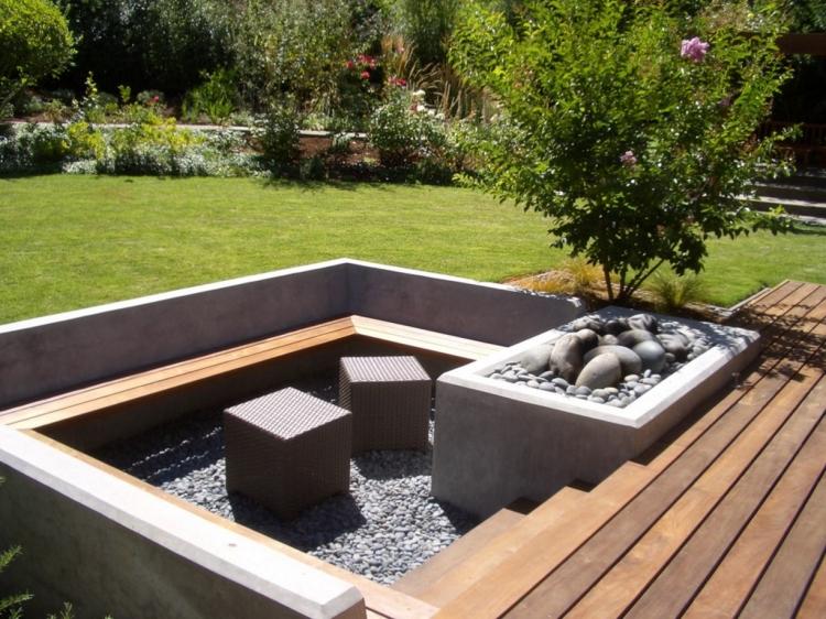Handfat-trädgård-sittplatser-design-modern-däck-grus-bänk-tegel-gräsmatta