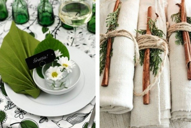 rustika garn servett ringar vintergröna trädgrenar blommor prästkragar