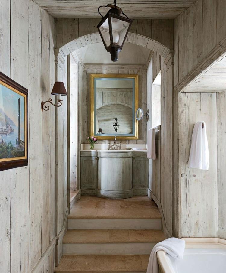 shabby chic badrum-rustik-grå-träpanel-vägg design-spegel