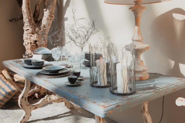 Shabby Chic möbler soffbord-blå-grädde-deco-grenar