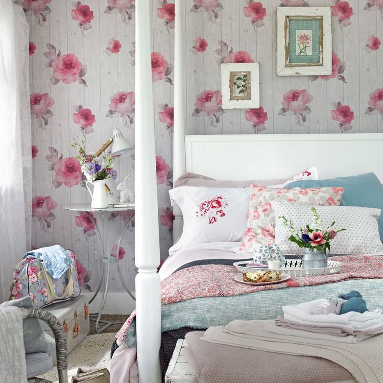 shabby-chic-sovrum-vägg-dekoration-tapeter-blommönster