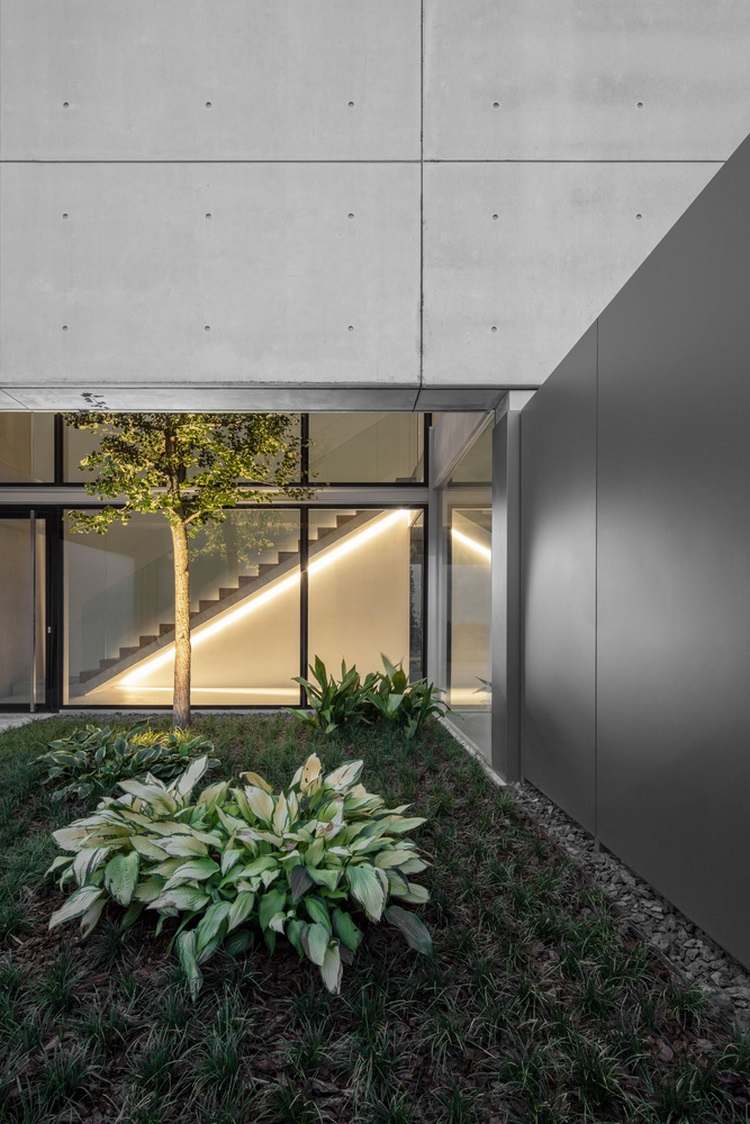 exponerat betonghus casa mf stora glasfönster modern minimalistisk design innergård trädgård gräs
