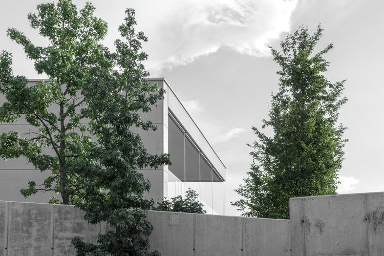 exponerat betonghus casa mf stora glasfönster modern minimalistisk design träd grå himmel
