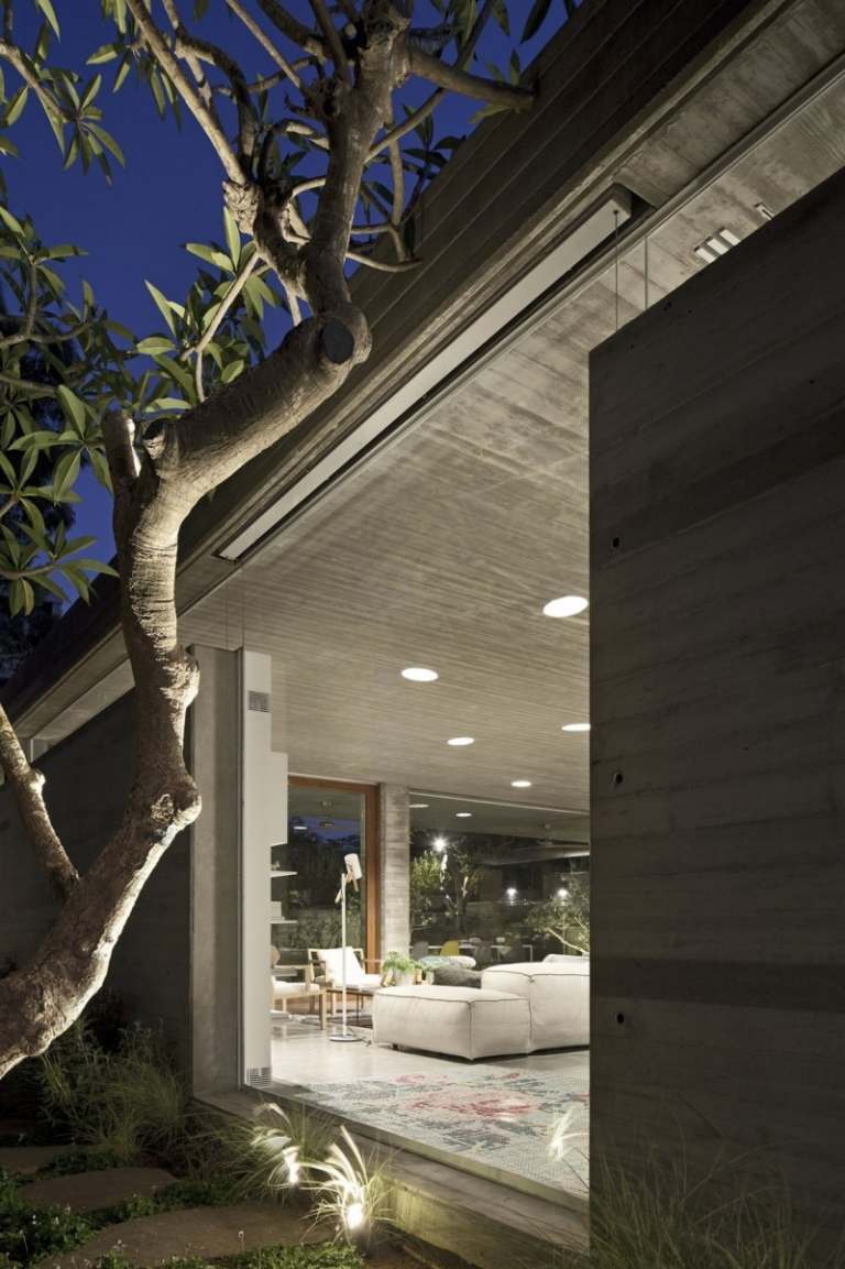 Exponerad betong inuti-utanför-hus-fönster-vägg-vardagsrum-eykaliptusbaum