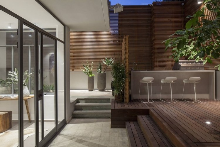 Trä sekretess skärm-trädgård-modern-stad-lägenhet-utomhus-kök-pall