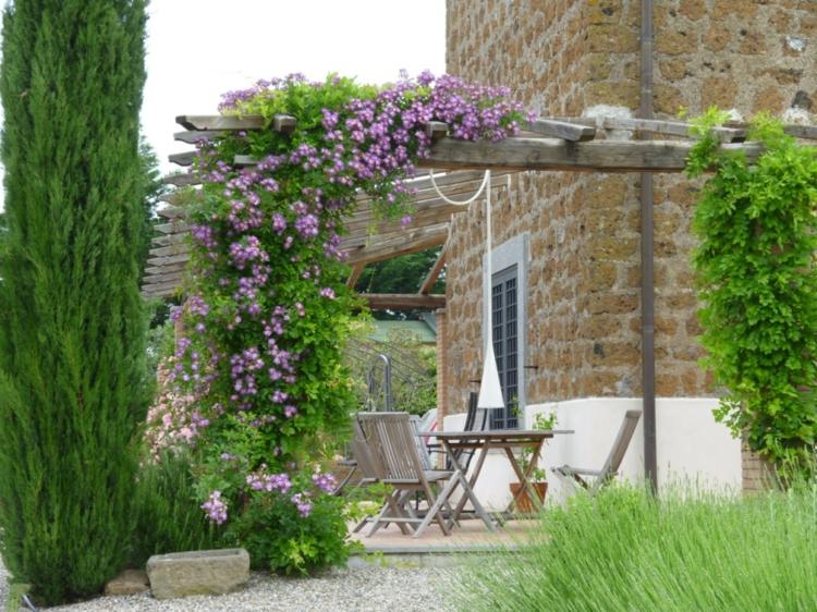 Sekretessskärm för trädgårdsklematis-pergola-romantisk-trä-trädgårdsmöbler