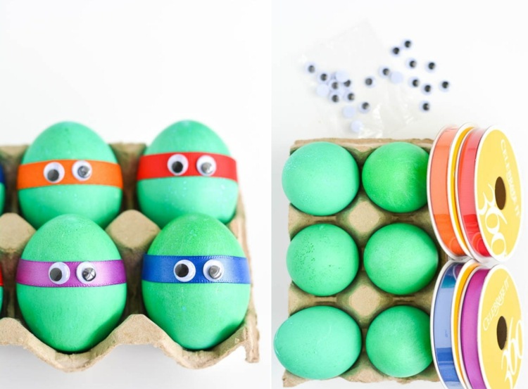 Hantverksidé för dagis - gröna ägg med band och googly ögon för ninja sköldpaddor