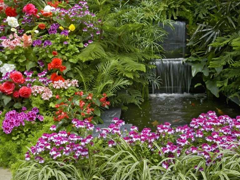vatten i trädgården vattenfall blommor oas damm deco