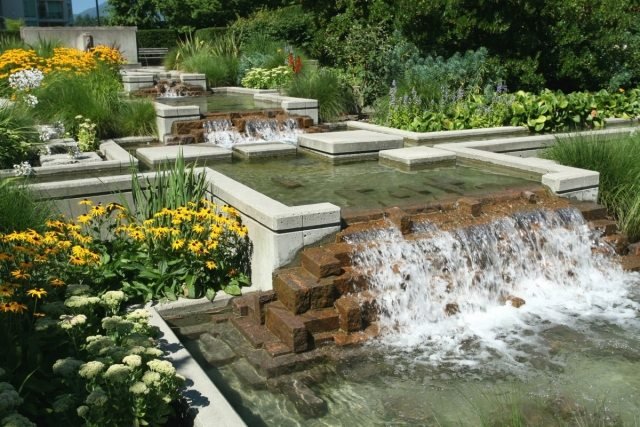 vatten trädgård design terrass vatten kaskader