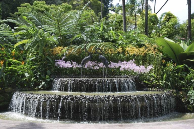 vatten i trädgården moderna vattenfallsterrasser exotisk planteringsdamm