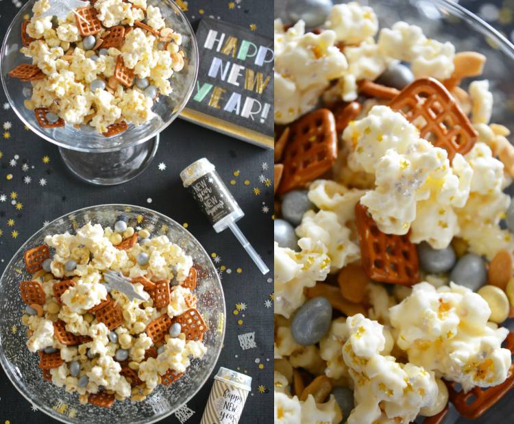 Nyårsafton Snacks Recept på glittrande popcorn med nötter och kringlor i ett martiniglas
