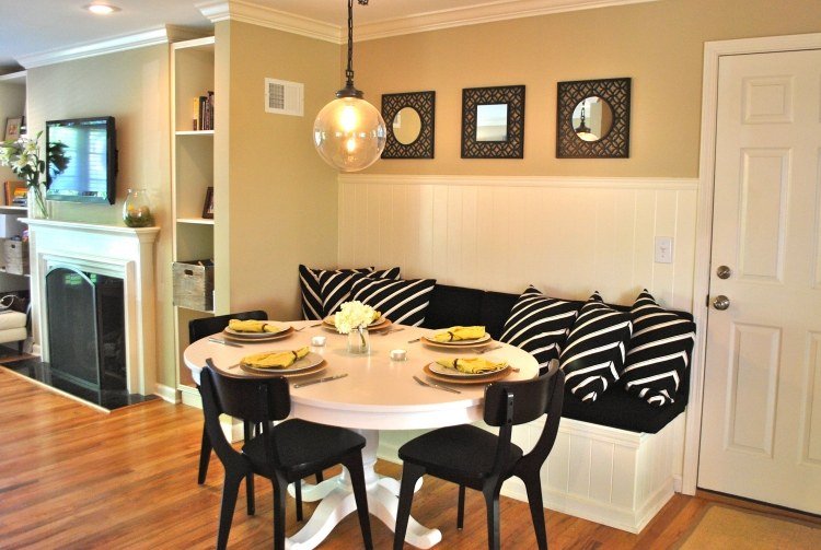 bänk-matsal-bygg-själv-vit-svart-mönster-elegant-matbord-stolar