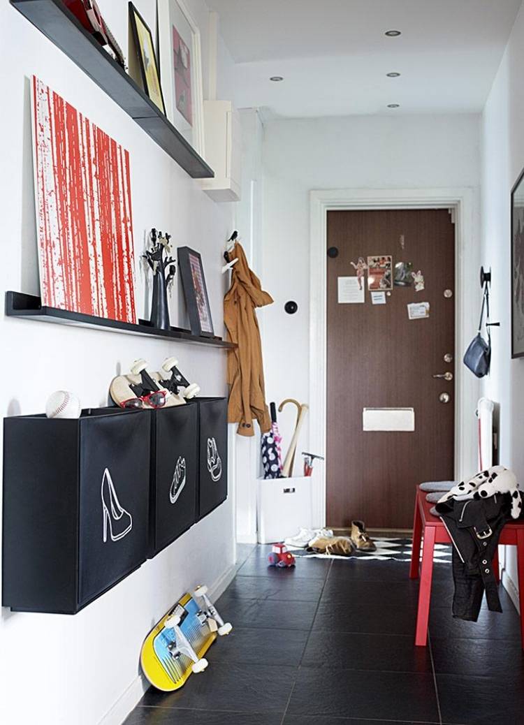 bänk-hall-modern-skandinavisk-svart-vit-röd-ikea-deco